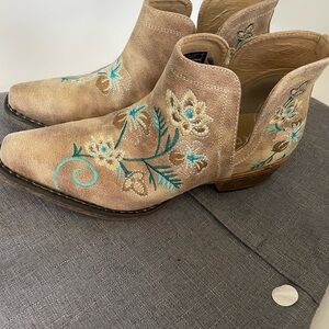 Roper Tan and Blue Embroidered Ankle Boots